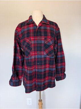 Pendleton Mens Red & Blue Plaid Wool Flannel Shirt Made In USA Size L